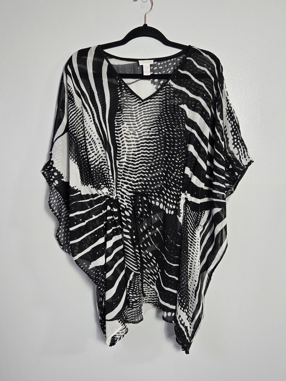 Chico's Black White Abstract Zebra Print Sheer Kaftan Poncho Cover Up Size L/XL